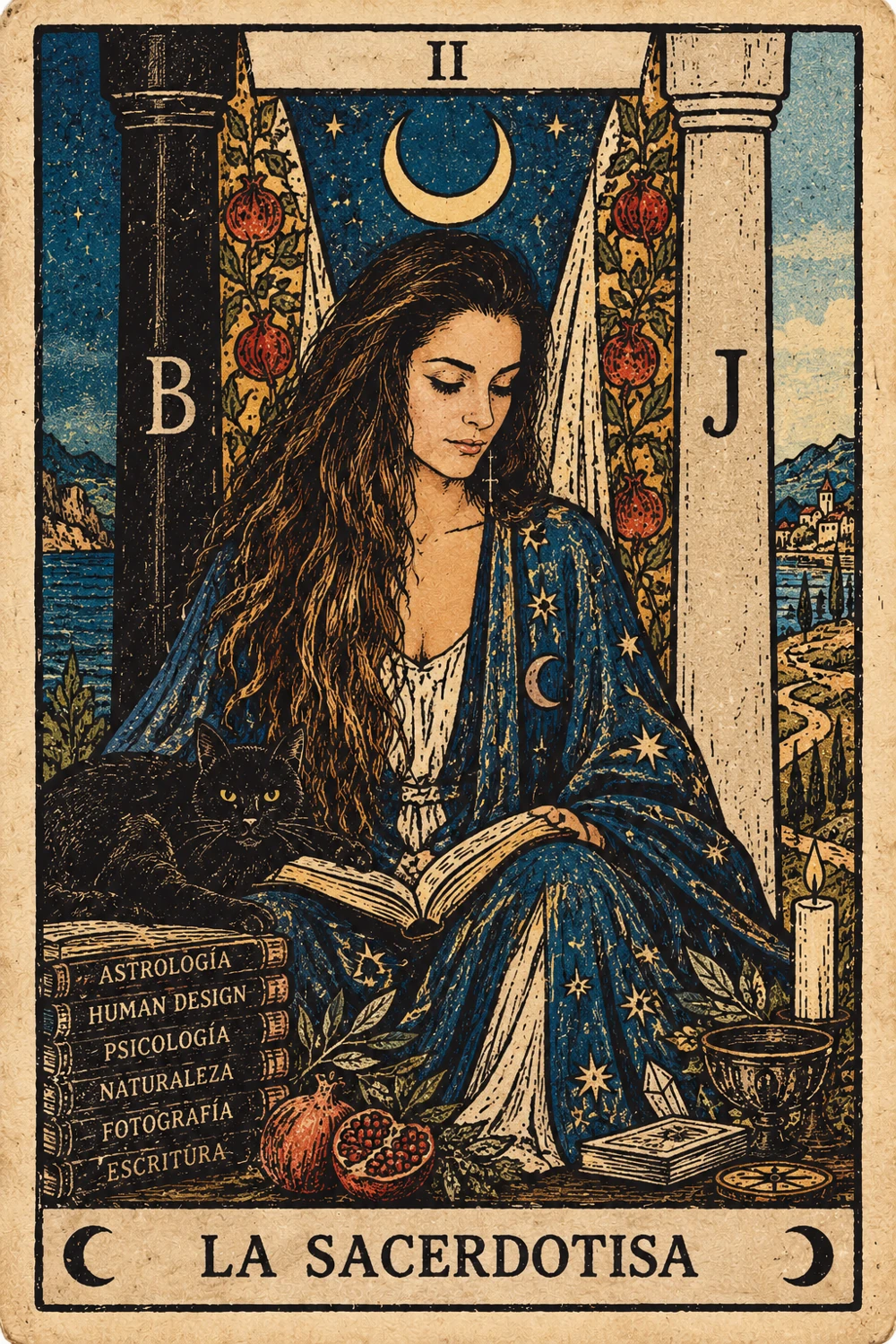 La Sacerdotisa II, ilustración original del proyecto, sentada entre pilares con libro y cielo estrellado